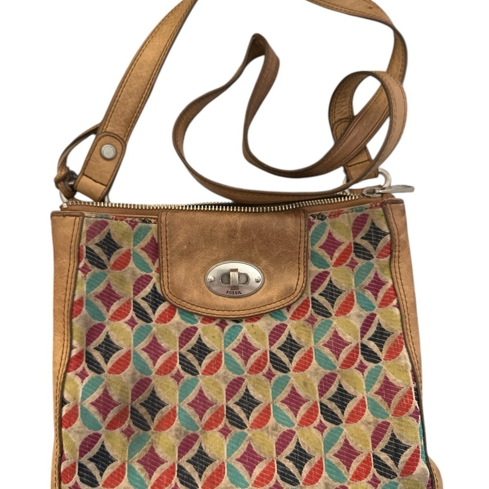 Fossil Tan Leather Crossbody Bag Boho Messenger Purse Vintage Adjustable Strap